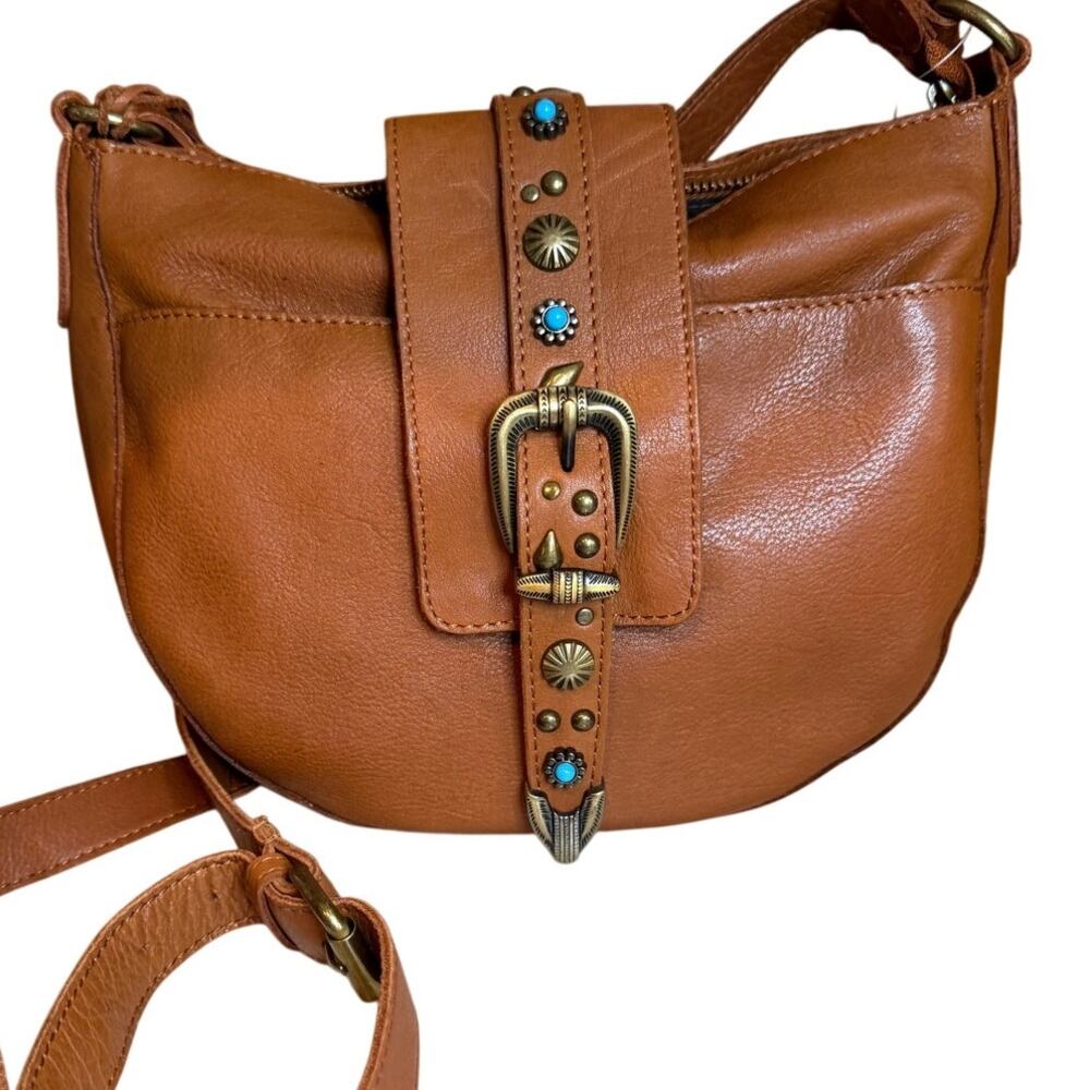 Vilenca Holland Western Leather Crossbody Bag Cognac Turquoise Detail